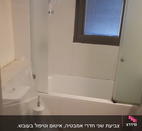 חדר אמבטיה עם קירות צבועים חלקית ויריעות פלסטיק